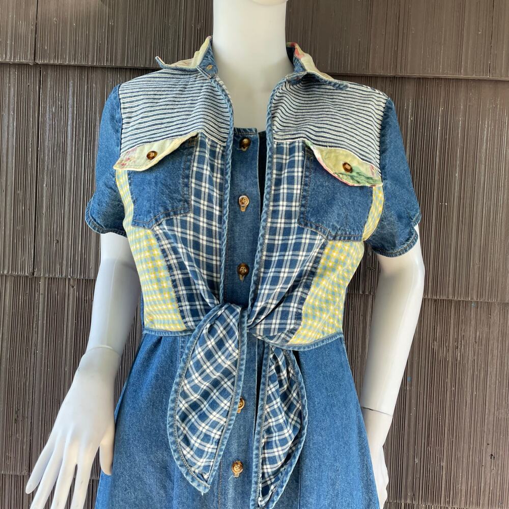 š„VTG Nina Piccalino Denim Dress Fit & Flare Button Down Patchwork Boho Cottage - Picture 2 of 14